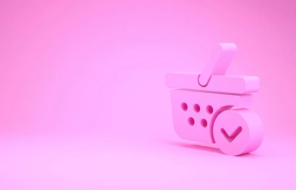 Розовая корзина для покупок с галочкой на розовом фоне. Корзина супермаркета с одобренным, подтвердить, галочку, завершенный символ. Концепция минимализма. 3D-рендеринг — стоковое фото