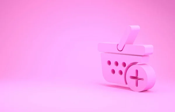 Pink Add to Shopping basket icon isolated on pink background. Online buying concept. Delivery service sign. Supermarket basket symbol. Minimalism concept. 3d illustration 3D render — ストック写真