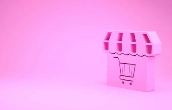 Pink Shopping building or market store with shopping cart icon isolated on pink background. Shop construction. Supermarket basket symbol. Minimalism concept. 3d illustration 3D render — ストック写真