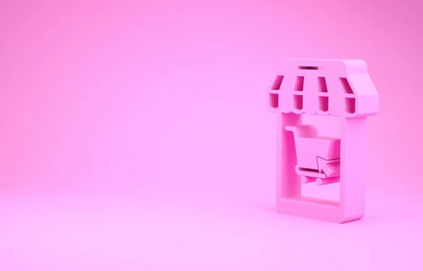 Rosa mobiltelefon och kundvagn med randig markis ikon isolerad på rosa bakgrund. Onlineköp symbol. Korgsymbol för snabbköp. Minimalistiskt koncept. 3D-illustration 3D-återgivning — Stockfoto