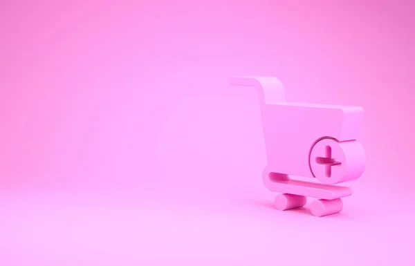 粉红色背景下孤立的粉色添加到购物车图标。 网上购物的概念。 送货服务标志。 超级市场篮子的象征. 最低纲领的概念。 3d说明3d — 图库照片