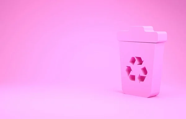 Lixeira rosa com ícone de símbolo de reciclagem isolado no fundo rosa. Ícone da lata de lixo. Sinal de lixeira. Sinal de cesta de reciclagem. Conceito de minimalismo. 3D ilustração 3D render — Fotografia de Stock