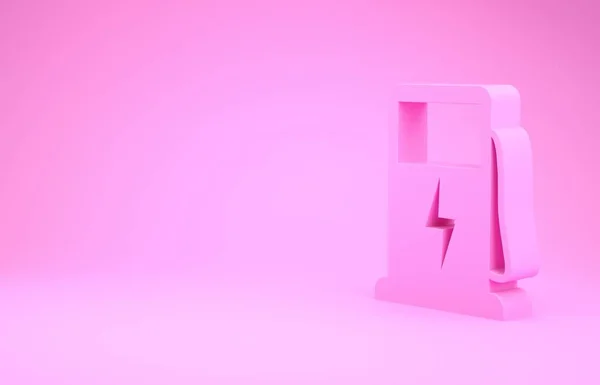 Icono de la estación de carga de coche eléctrico rosa aislado sobre fondo rosa. Eco señal de bomba de combustible eléctrico. Concepto minimalista. 3D ilustración 3D render — Foto de Stock