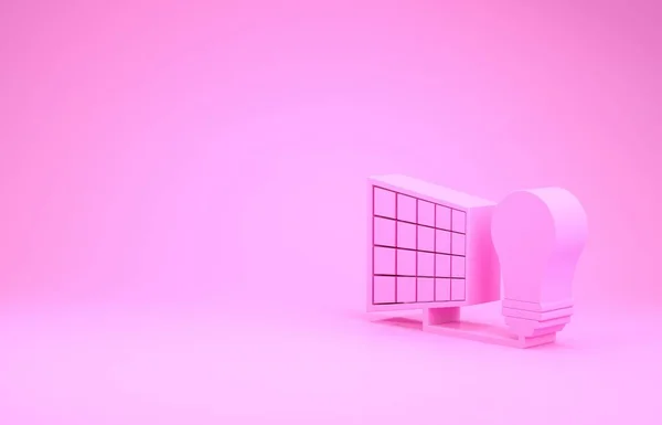 Růžové solární panely a žárovky ikony izolované na růžovém pozadí. Minimalismus. 3D ilustrace 3D vykreslení — Stock fotografie