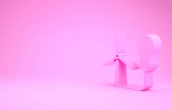 Pink Light bulb with wind turbine as idea of eco friendly source of energy icon isolated on pink background. Alternative energy concept. Minimalism concept. 3d illustration 3D render