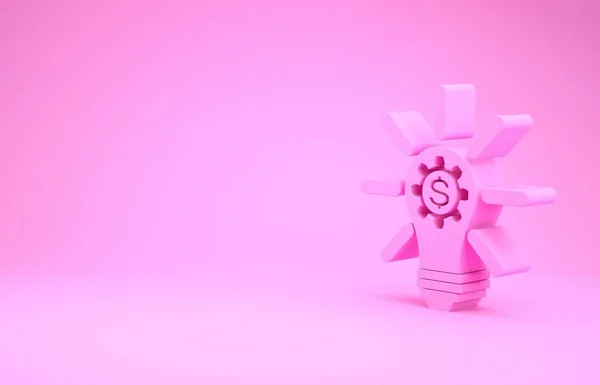 Rosa glödlampa med redskap inne och dollar symbol ikon isolerad på rosa bakgrund. Innovationskonceptet för Fintech. Minimalistiskt koncept. 3D-illustration 3D-återgivning — Stockfoto