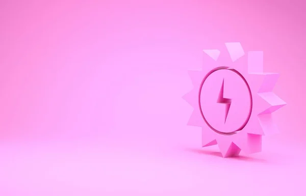 Pinkfarbenes Solarpanel-Symbol isoliert auf rosa Hintergrund. Sonne mit Blitzsymbol. Minimalismus-Konzept. 3D Illustration 3D Renderer — Stockfoto