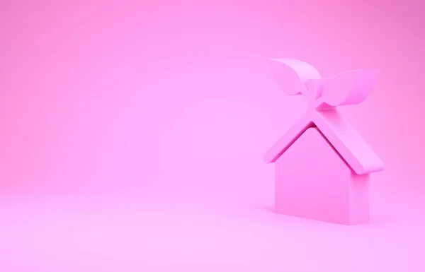 Рожевий екологічно чистий значок будинку ізольовано на рожевому тлі. Екологічний будинок з листям. Концепція мінімалізму. 3D ілюстрація 3D рендеринга — стокове фото