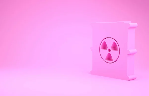 Рожеві радіоактивні відходи в стволі ізольовані на рожевому тлі. Токсичність відмовляється від бочки. Радіоактивні викиди сміття, забруднення навколишнього середовища. Концепція мінімалізму. 3D ілюстрація 3D рендеринга — стокове фото