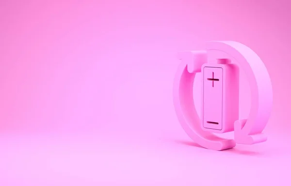 Pink Battery with recycle symbol line icon isolated on pink background. Battery with recycling symbol - renewable energy concept. Minimalism concept. 3d illustration 3D render