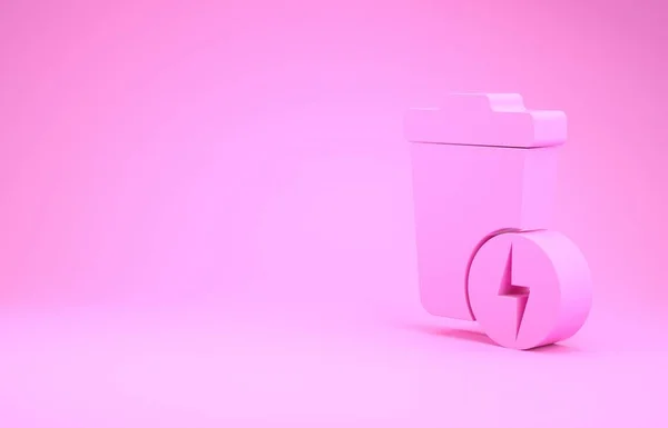 Fulmine rosa con icona cestino isolato su sfondo rosa. Spreco di energia. Segnaletica della spazzatura. Ricicli il segno del cestino. Concetto minimalista. Illustrazione 3d rendering 3D — Foto Stock