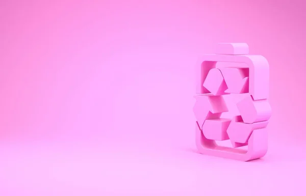 Pink Battery with recycle symbol line icon isolated on pink background. Battery with recycling symbol - renewable energy concept. Minimalism concept. 3d illustration 3D render