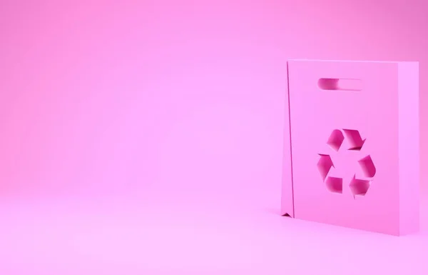 Bolsa de compras de papel rosa con icono de reciclaje aislado sobre fondo rosa. Bolsa con símbolo de reciclaje. Concepto minimalista. 3D ilustración 3D render —  Fotos de Stock