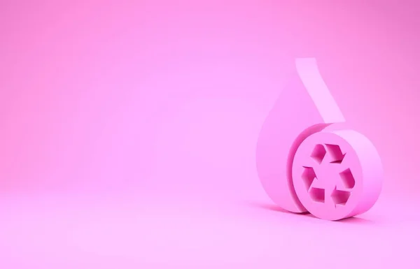 Rosa Ricicli l'icona pulita dell'acqua isolata su sfondo rosa. Goccia d'acqua con segno di riciclaggio. Concetto minimalista. Illustrazione 3d rendering 3D — Foto Stock