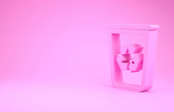 Lixeira rosa com ícone de símbolo de reciclagem isolado no fundo rosa. Ícone da lata de lixo. Sinal de lixeira. Sinal de cesta de reciclagem. Conceito de minimalismo. 3D ilustração 3D render — Fotografia de Stock