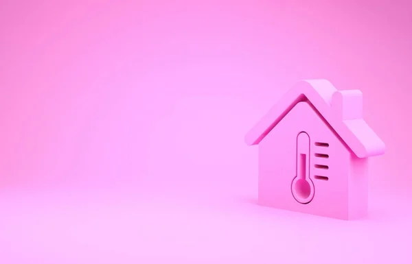 Значок температуры розового дома изолирован на розовом фоне. Значок термометра. Концепция минимализма. 3D-рендеринг — стоковое фото