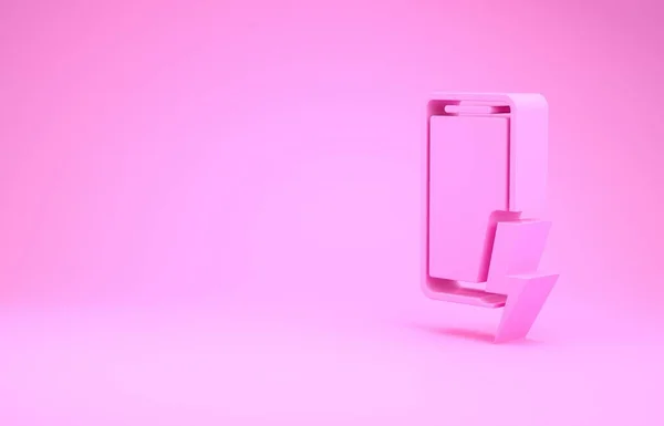 Розовый смартфон зарядки аккумулятора значок изолирован на розовом фоне. Телефон с низким зарядом батареи. Концепция минимализма. 3D-рендеринг — стоковое фото
