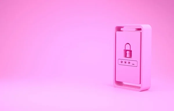 Telefone celular rosa e ícone de proteção de senha isolado no fundo rosa. Segurança, segurança, acesso pessoal, autorização do usuário, privacidade. Conceito de minimalismo. 3D ilustração 3D render — Fotografia de Stock
