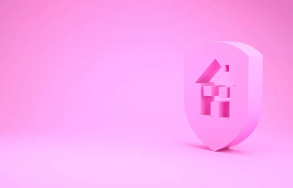 Rosa huset under skydd ikon isolerad på rosa bakgrund. Hem och sköld. Skydd, säkerhet, skydd, försvarskoncept. Minimalistiskt koncept. 3D-återgivning för 3D — Stockfoto