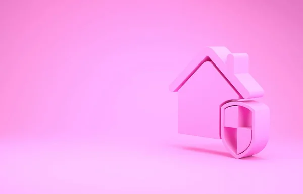 보호받고 있는 핑크 하우스는 핑크 배경에 고립되어 있습니다. 집과 방패. 보호, 안전, 보안, 보호, 방어 개념. 미니멀리즘의 개념입니다. 3d 삽화 3D 렌더링 — 스톡 사진