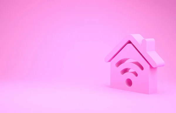 Rosa smart hem med Wi-Fi-ikon isolerad på rosa bakgrund. Fjärrkontroll. Minimalistiskt koncept. 3D-illustration 3D-återgivning — Stockfoto