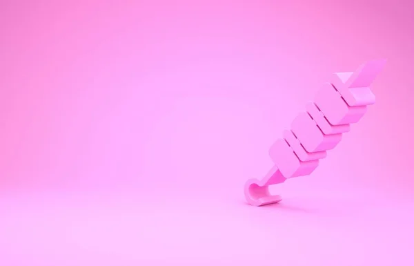 Rosa gegrillter Schaschlik auf Spießspieß-Symbol isoliert auf rosa Hintergrund. Fleischspieß am Spieß. Picknick mit Grillfleisch. Minimalismus-Konzept. 3D Illustration 3D Renderer — Stockfoto