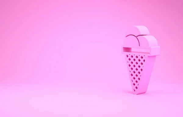 ピンクの背景に隔離されたワッフルコーンアイコンのピンクのアイスクリーム。甘いシンボルだ。最小限の概念。3Dイラスト3Dレンダリング — ストック写真
