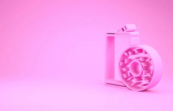 Różowy Aluminium puszka soda i pączek ikona izolowane na różowym tle. Symbol fast foodów. Koncepcja minimalizmu. Ilustracja 3d — Zdjęcie stockowe
