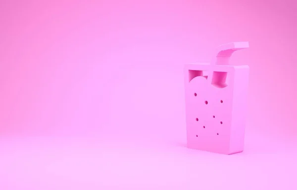 Vidro rosa com ícone de água isolado no fundo rosa. Copo de bebida com palha de bebida. Símbolo da bebida fresca fria. Conceito de minimalismo. 3D ilustração 3D render — Fotografia de Stock