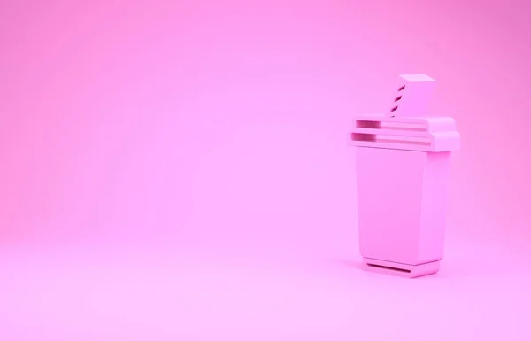 Vidro rosa com ícone de água isolado no fundo rosa. Copo de bebida com palha de bebida. Símbolo da bebida fresca fria. Conceito de minimalismo. 3D ilustração 3D render — Fotografia de Stock