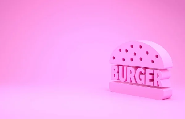 Ícone de hambúrguer rosa isolado no fundo rosa. Ícone de hambúrguer. Sinal de sanduíche de hambúrguer de queijo. Conceito de minimalismo. 3D ilustração 3D render — Fotografia de Stock