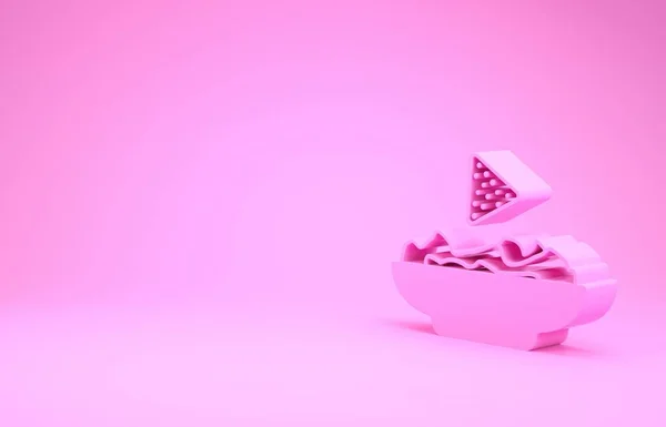 ピンクの背景に隔離されたプレートアイコンのピンクのナチョス。トルティーヤチップまたはナチョストルティーヤ。メキシコの伝統的なファーストフード。最小限の概念。3Dイラスト3Dレンダリング — ストック写真