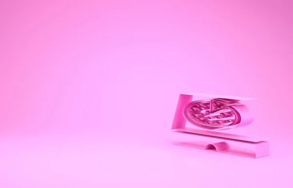 Pizza rosa no ícone da caixa de papelão isolado no fundo rosa. Caixa com elementos de layout. Conceito de minimalismo. 3D ilustração 3D render — Fotografia de Stock