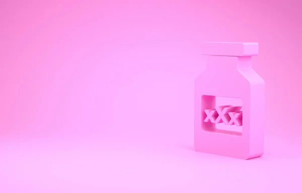 Botella de medicina rosa con pastillas para la potencia, icono afrodisíaco aislado sobre fondo rosa. Pastillas sexuales para hombres y mujeres. Concepto minimalista. 3D ilustración 3D render —  Fotos de Stock