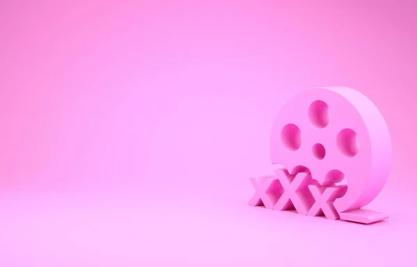 Rosafarbene Filmspule mit Aufschrift xxx-Symbol auf rosa Hintergrund. Symbol für Altersbeschränkung. 18 plus Content-Zeichen. Erwachsenensender. Minimalismus-Konzept. 3D Illustration 3D Renderer — Stockfoto