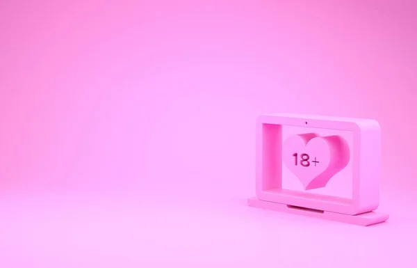 Computador portátil rosa com 18 plus ícone coração conteúdo isolado em fundo rosa. Símbolo de restrição de idade. 18 mais sinal de conteúdo. Canal adulto. Conceito de minimalismo. 3D ilustração 3D render — Fotografia de Stock