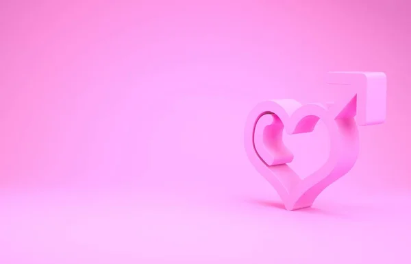 Pink Masculino símbolo de gênero e ícone do coração isolado no fundo rosa. Conceito de minimalismo. 3D ilustração 3D render — Fotografia de Stock