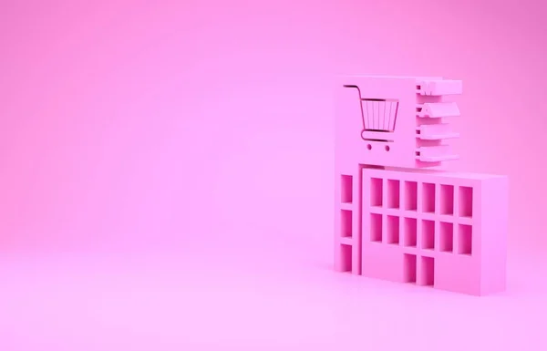 Pink Mall ou edifício de supermercado com ícone de carrinho de compras isolado em fundo rosa. Loja ou loja. Conceito de minimalismo. 3D ilustração 3D render — Fotografia de Stock