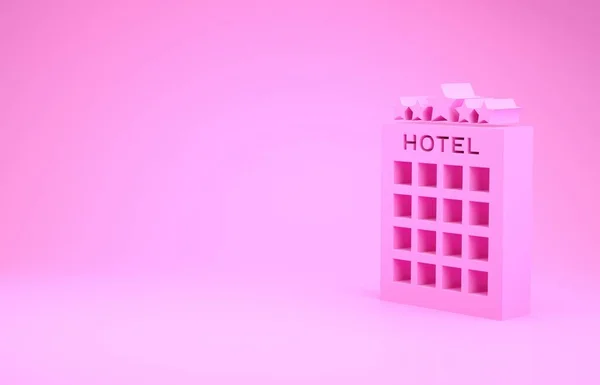 Pink Hotel budova ikona izolované na růžovém pozadí. Minimalismus. 3D ilustrace 3D vykreslení — Stock fotografie