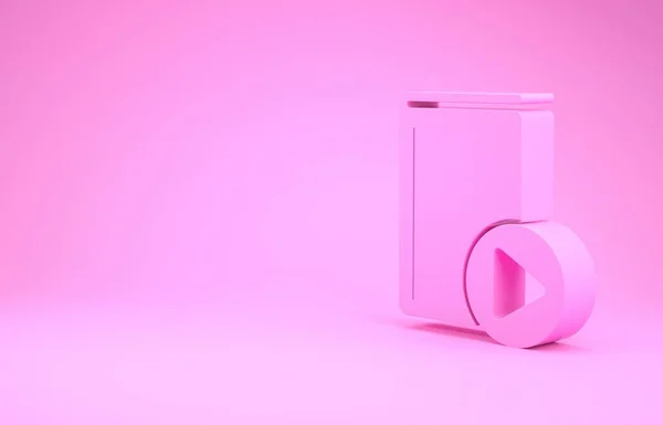 Pink Audio book icon isolated on pink background. Play button and book. Audio guide sign. Online learning concept. Minimalism concept. 3d illustration 3D render