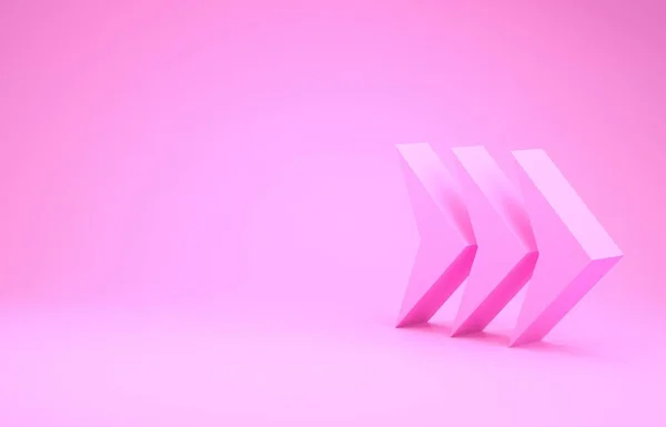 Ícone de seta rosa isolado no fundo rosa. Direção Símbolo Arrowhead. Sinal do indicador de navegação. Conceito de minimalismo. 3D ilustração 3D render — Fotografia de Stock