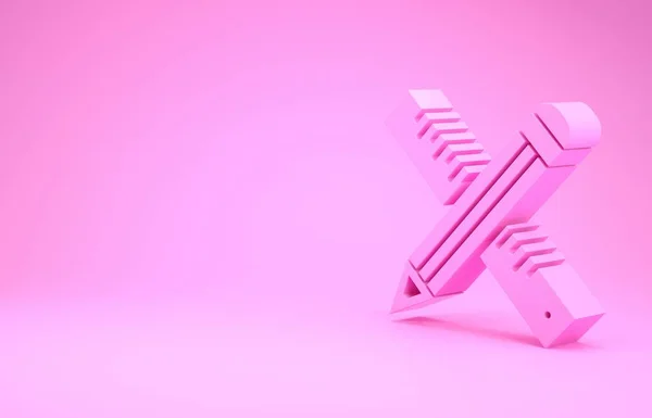 Pink Crossed ruler and pencil icon isolated on pink background. Straightedge symbol. Drawing and educational tools. Minimalism concept. 3d illustration 3D render