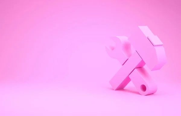 Pink Crossed hammer and wrench icon isolated on pink background. Hardware tools. Minimalism concept. 3d illustration 3D render