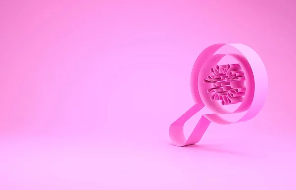 Microorganismos rosados bajo el icono de la lupa aislados sobre fondo rosa. Bacterias y gérmenes, cáncer de células, microbios, virus, hongos. Concepto minimalista. 3D ilustración 3D render — Foto de Stock