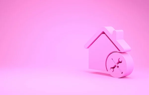 Casa Rosa o casa con destornillador e icono de la llave inglesa aislado sobre fondo rosa. Ajuste, servicio, ajuste, mantenimiento, reparación, fijación. Concepto minimalista. 3D ilustración 3D render — Foto de Stock