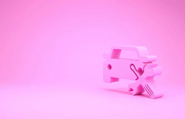 Carro rosa com chave de fenda e ícone de chave de fenda isolado no fundo rosa. Ajuste, serviço, configuração, manutenção, reparação, fixação. Conceito de minimalismo. 3D ilustração 3D render — Fotografia de Stock