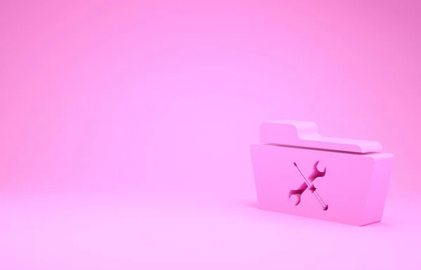 Pasta rosa com chave de fenda e ícone de chave de fenda isolado no fundo rosa. Ajuste, serviço, configuração, manutenção, reparação, fixação. Conceito de minimalismo. 3D ilustração 3D render — Fotografia de Stock