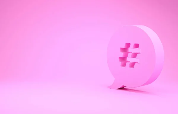 Рожева піктограма мовної бульбашки hashtag ізольована на рожевому фоні. Концепція номерного знаку, маркетингу соціальних мереж, мікроблогів. Концепція мінімалізму. 3D ілюстрація 3D рендеринга — стокове фото