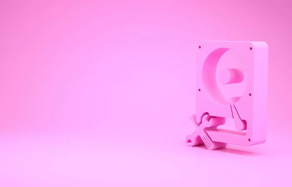 Unidad de disco duro rosa con destornillador e icono de llave inglesa aislado sobre fondo rosa. Ajuste, servicio, ajuste, mantenimiento, reparación, fijación. Concepto minimalista. 3D ilustración 3D render — Foto de Stock