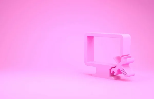 Monitor de computador rosa com chave de fenda e ícone de chave de fenda isolado no fundo rosa. Ajuste, serviço, configuração, manutenção, reparação, fixação. Conceito de minimalismo. 3D ilustração 3D render — Fotografia de Stock